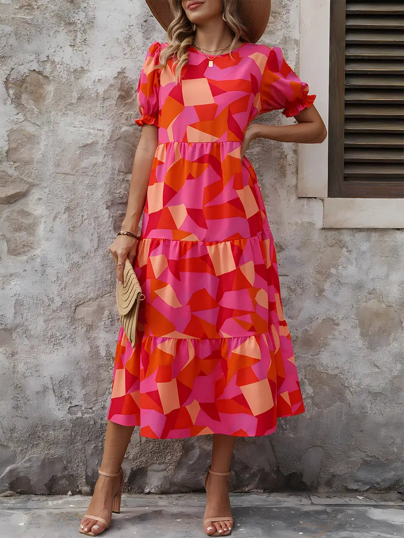 Variant image for Boho Women's Dress with Puffed Sleeves, Gathered Design, Breathable Fabric, Available in Multiple Colors-13