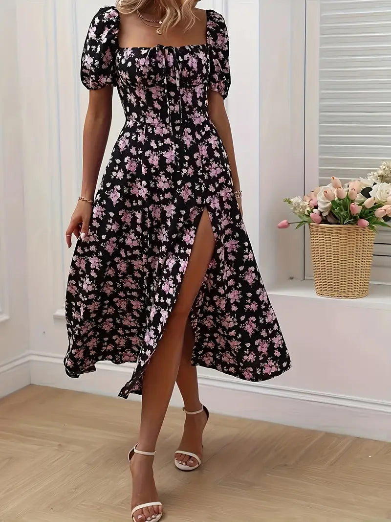 Variant image for A-Line Floral Summer Dress with Puffed Sleeves for Women - Lightweight Formal Wedding Guest Dresses in Yellow, Green, Pink, Blue-11