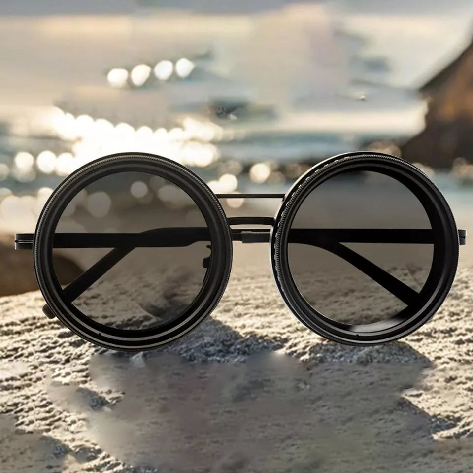1-9 Flexible Tint Polarized Sunglasses with Integrated ND Filter Lenses, Retro Round Design for Men Women