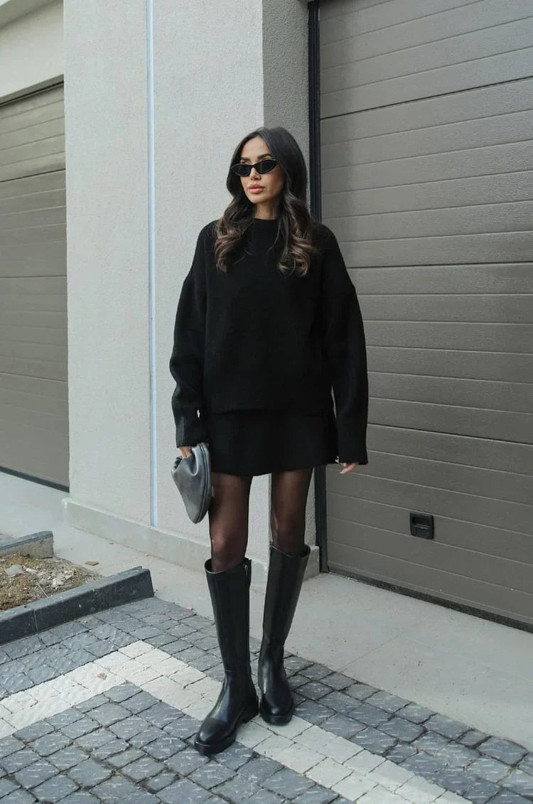 Plush Flattering Women’s Sweater Skirt Kit - Pullover Crewneck, Knit High-Waist A-Line Mini Skirt For Fall
