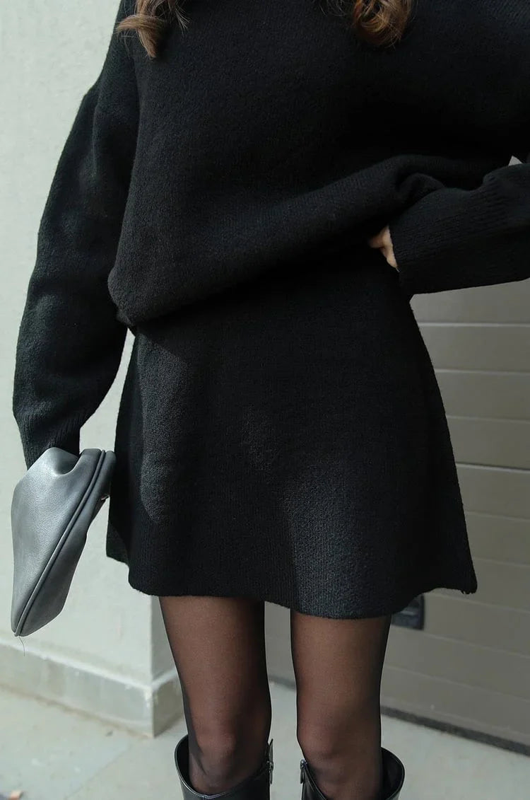 Plush Flattering Women’s Sweater Skirt Kit - Pullover Crewneck, Knit High-Waist A-Line Mini Skirt For Fall