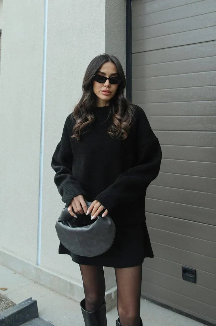 Plush Flattering Women’s Sweater Skirt Kit - Pullover Crewneck, Knit High-Waist A-Line Mini Skirt For Fall
