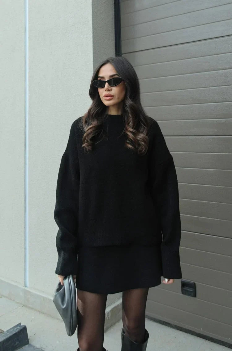 Plush Flattering Women’s Sweater Skirt Kit - Pullover Crewneck, Knit High-Waist A-Line Mini Skirt For Fall
