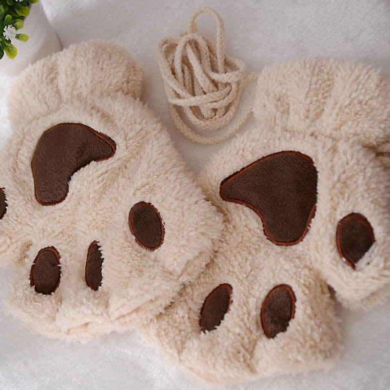 Plush Cozy Women Fingerless Gloves - Cat-Claw Fleece Winter