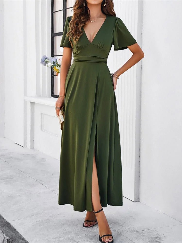 Variant image for V-Neck Slim White Dress for Women with High Slit, Short Sleeves, Perfect for Summer and Elegant Evenings-9