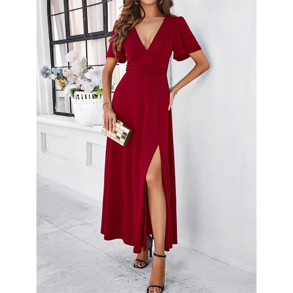 V-Neck Slim White Dress for Women with High Slit, Short Sleeves, Perfect for Summer and Elegant Evenings-2