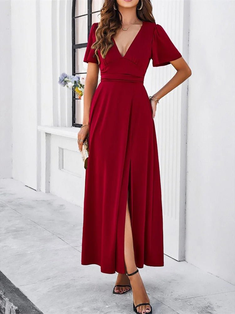 V-Neck Slim White Dress for Women with High Slit, Short Sleeves, Perfect for Summer and Elegant Evenings-3