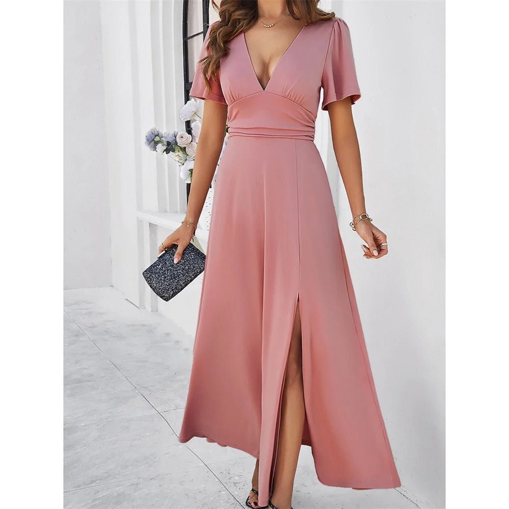 V-Neck Slim White Dress for Women with High Slit, Short Sleeves, Perfect for Summer and Elegant Evenings-5