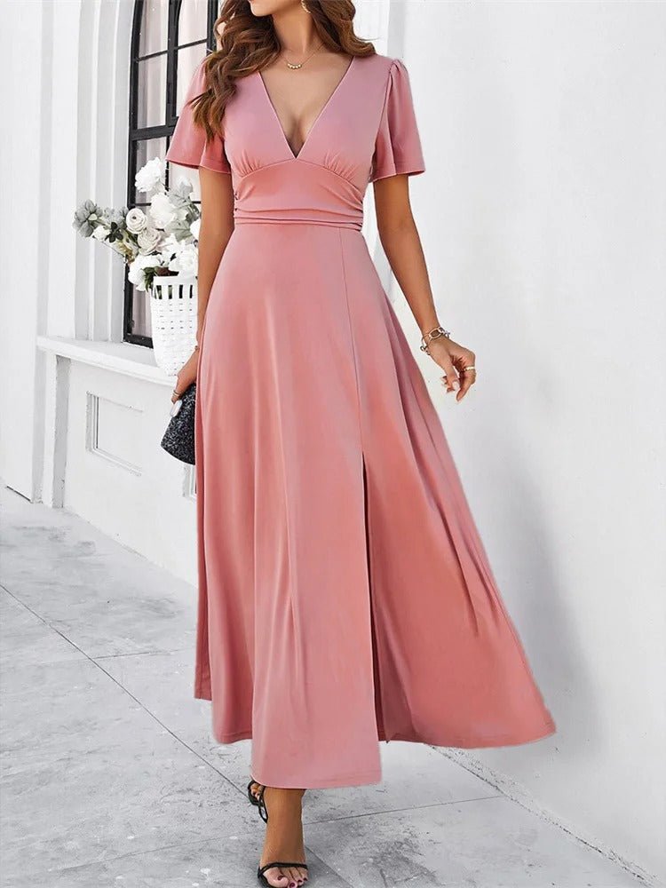 V-Neck Slim White Dress for Women with High Slit, Short Sleeves, Perfect for Summer and Elegant Evenings-6