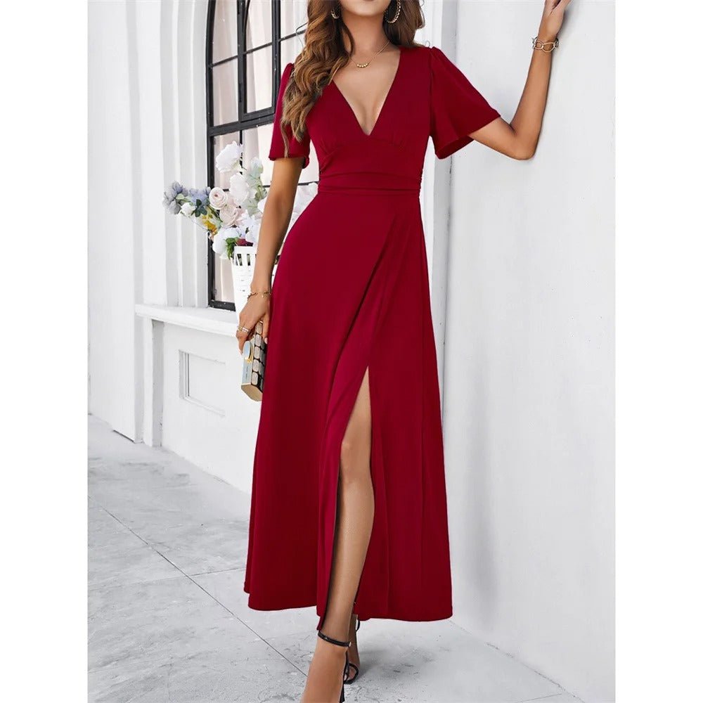 V-Neck Slim White Dress for Women with High Slit, Short Sleeves, Perfect for Summer and Elegant Evenings-1