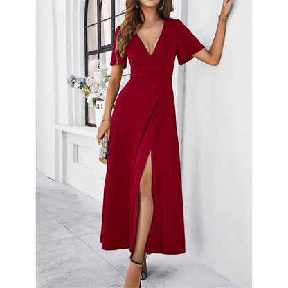 Variant image for V-Neck Slim White Dress for Women with High Slit, Short Sleeves, Perfect for Summer and Elegant Evenings-1