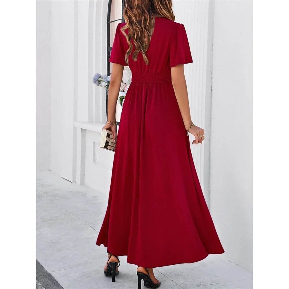 V-Neck Slim White Dress for Women with High Slit, Short Sleeves, Perfect for Summer and Elegant Evenings-4