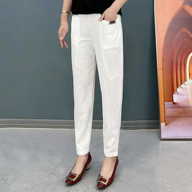 Comfortable Women's Cotton Pants with Elastic Waistband, Relaxed Slim Fit, Multiple Colors Available-4