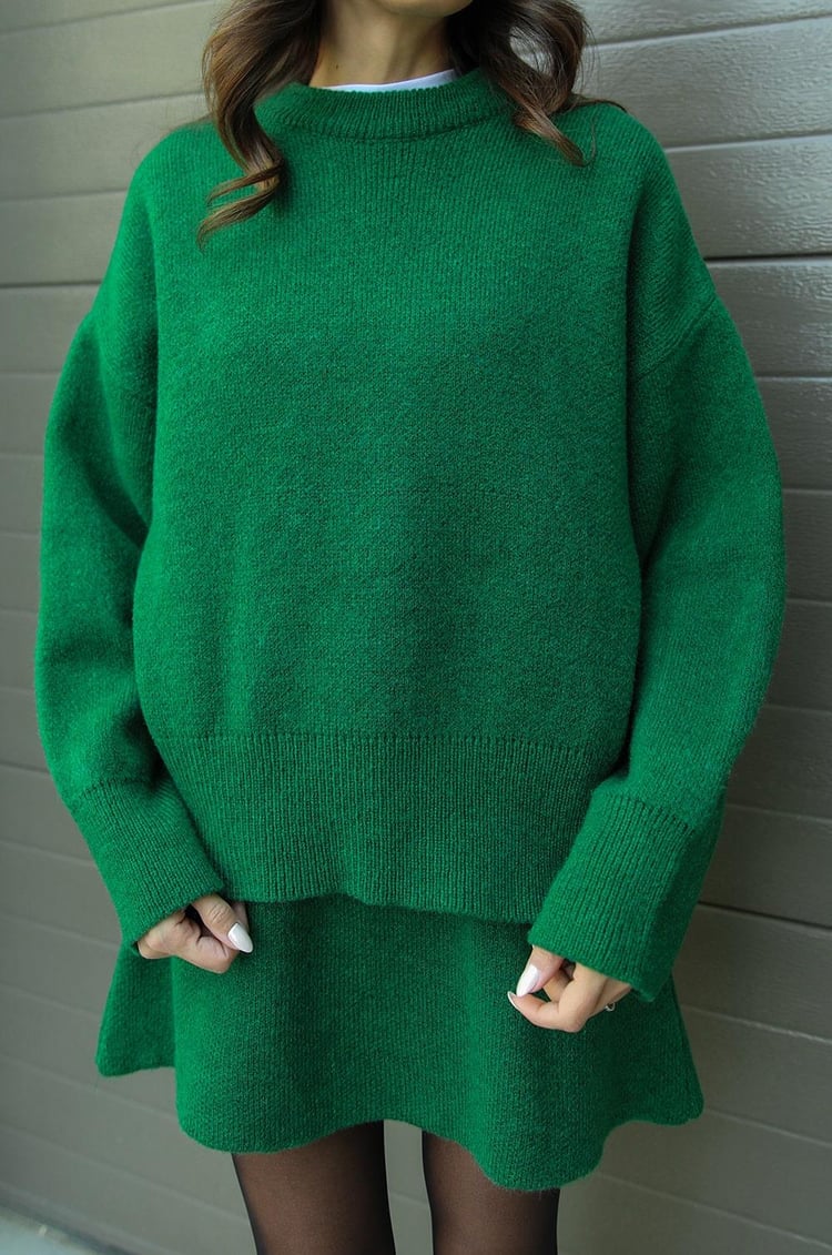 Plush Flattering Women’s Sweater Skirt Kit - Pullover Crewneck, Knit High-Waist A-Line Mini Skirt For Fall