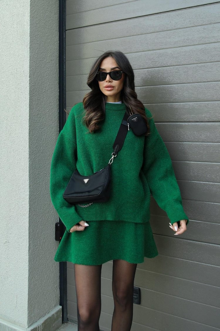 Plush Flattering Women’s Sweater Skirt Kit - Pullover Crewneck, Knit High-Waist A-Line Mini Skirt For Fall